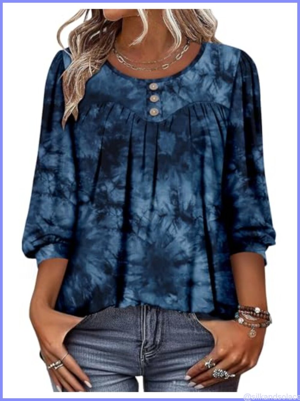 Women's 3/4 Sleeve Tunic Blouse Loose Fit Henley Ruffle Front Casual